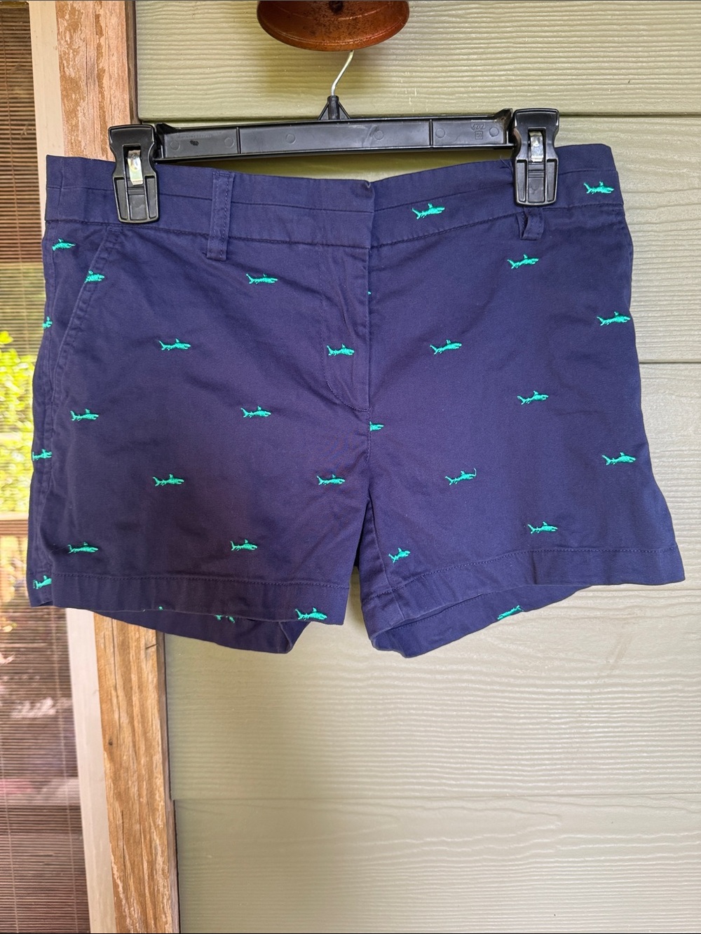 British Khaki Navy Cotton Shorts with Teal Shark Embroidery